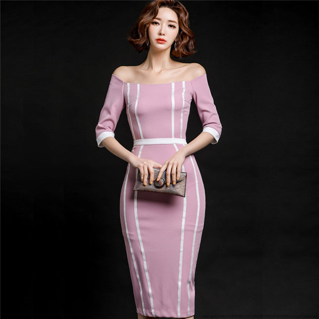 CM-DF121405 Women Elegant Seoul Style Boat Neck Stripes Bodycon Long Sleeve Dress - Pink