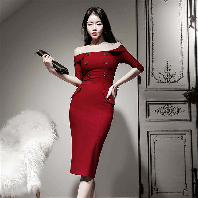 CM-DF121912 Women Elegant Seoul Style Double-Breasted Boat Neck Skinny Dress - Red