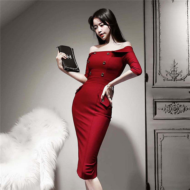 CM-DF121912 Women Elegant Seoul Style Double-Breasted Boat Neck Skinny Dress - Red