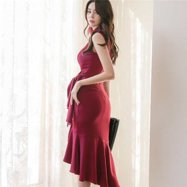 CM-DF121913 Women Elegant Seoul Style Sleeveless Tie Waist Fishtail Skinny Tank Dress - Wine Red