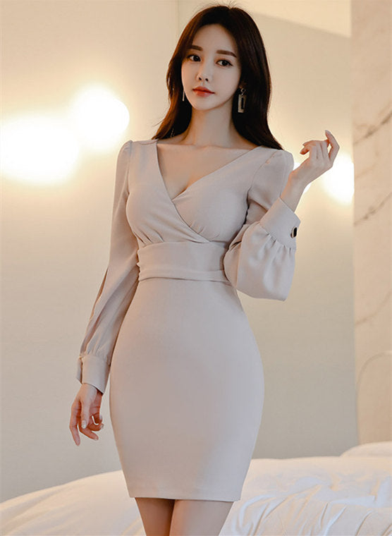 CM-DF122205 Women Elegant Seoul Stye Cross V-Neck Fitted Waist Split Sleeve Dress