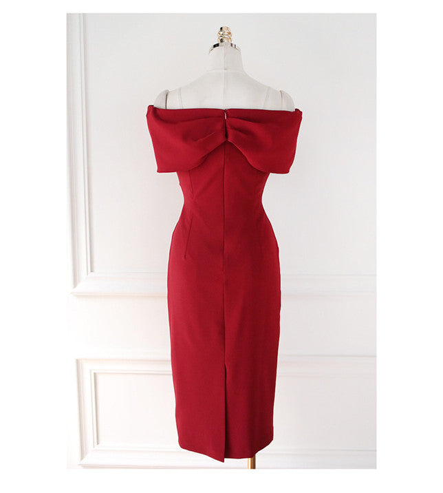 CM-DF122215 Women Charming Seoul Style Bowknot Boat Neck Bodycon Dress - Red