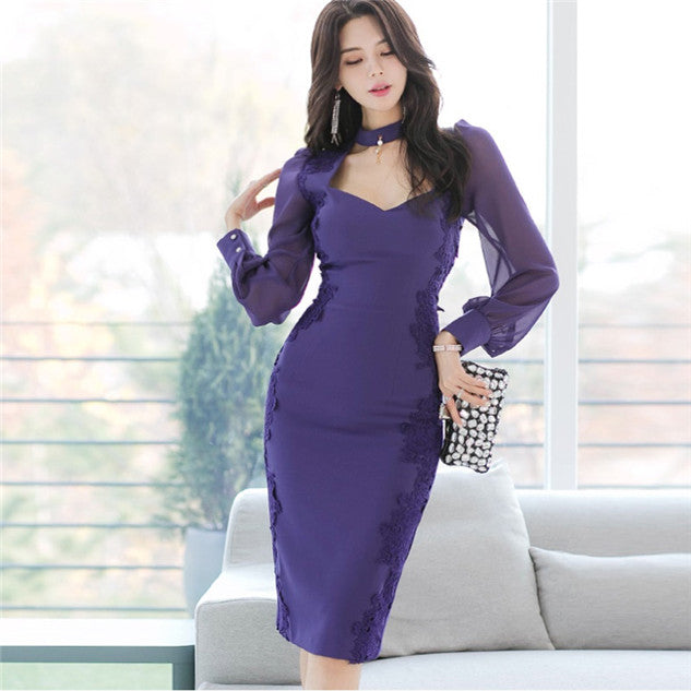 CM-DF122216 Women Retro Seoul Style Square Collar Lace Floral Chiffon Sleeve Slim Dress - Blue
