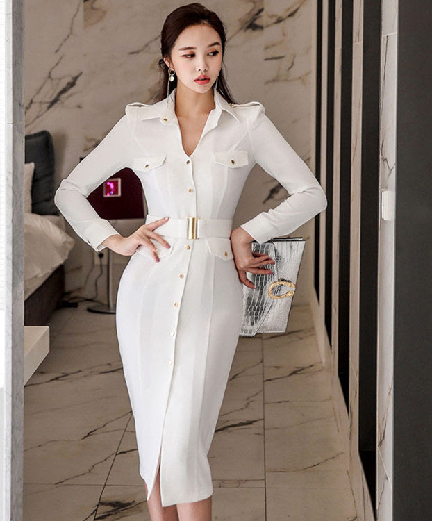 CM-DF122503 Women Elegant Seoul Style Long Sleeve Single-Breasted Skinny Shirt Dress - White