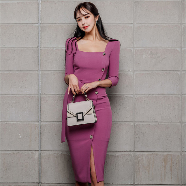 CM-DF122504 Women Elegant Seoul Style 3/4 Sleeve Square Collar Single-Breasted Slim Dress