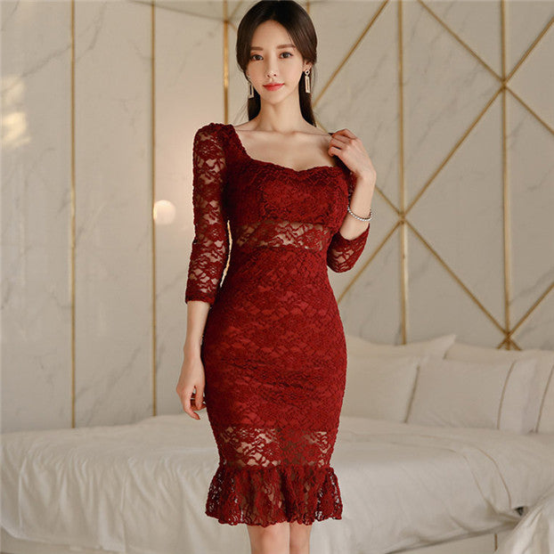 CM-DF122507 Women Elegant Seoul Style Square Collar Fishtail Lace Slim Dress - Wine Red
