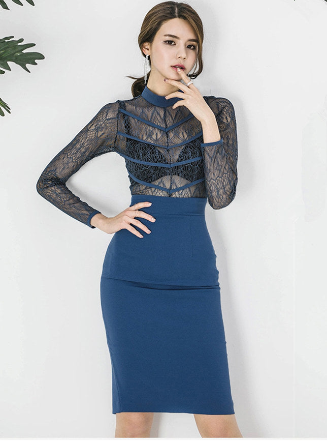 CM-DF122515 Women Elegant Seoul Style Transparent Lace Splicing Bodycon Dress - Blue