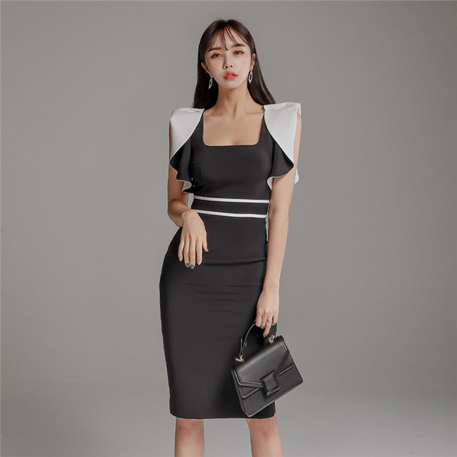 CM-DF122807 Women Elegant Seoul Style Sleeveless Square Collar Color Block Tank Dress - Black