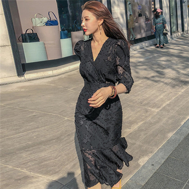 CM-DF010102 Women Casual Seoul Style V-Neck Fishtail Puff Sleeve Long Dress - Black