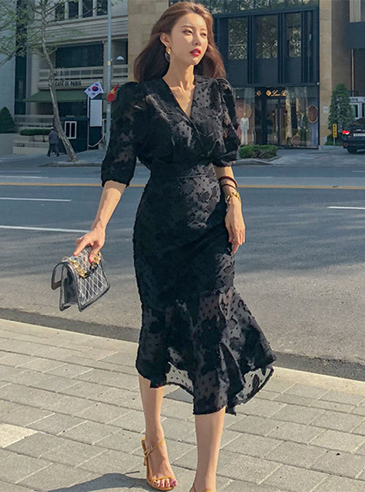 CM-DF010102 Women Casual Seoul Style V-Neck Fishtail Puff Sleeve Long Dress - Black