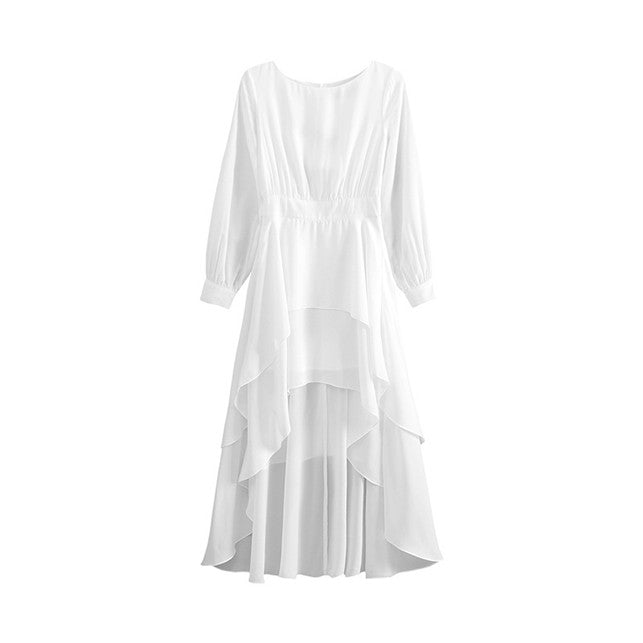 CM-DF010104 Women Elegant Seoul Style Round Neck Layered Dovetail Maxi Dress - White