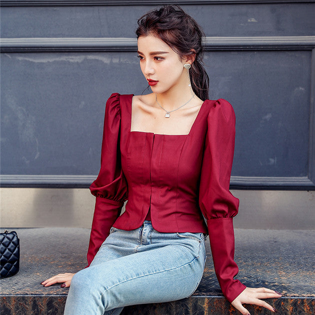 CM-TF010406 Women Casual Seoul Style Square Collar Puff Sleeve Short Blouse - Red