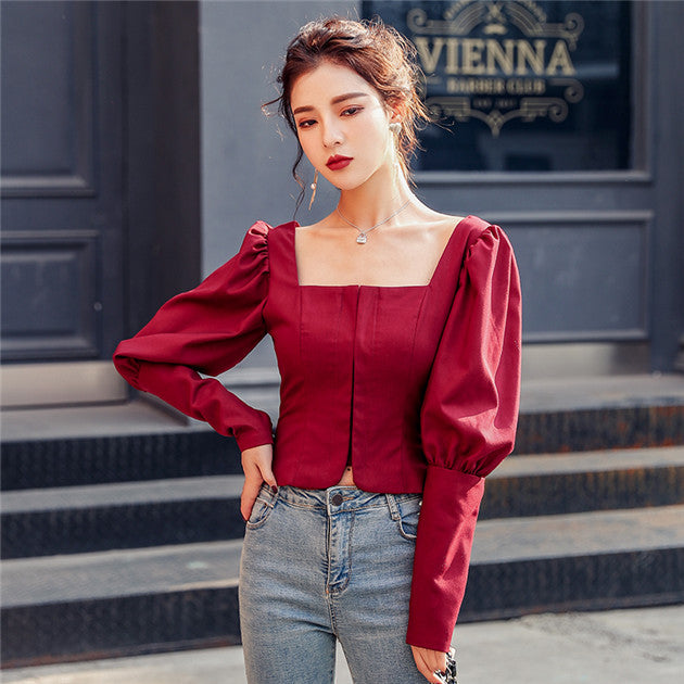 CM-TF010406 Women Casual Seoul Style Square Collar Puff Sleeve Short Blouse - Red