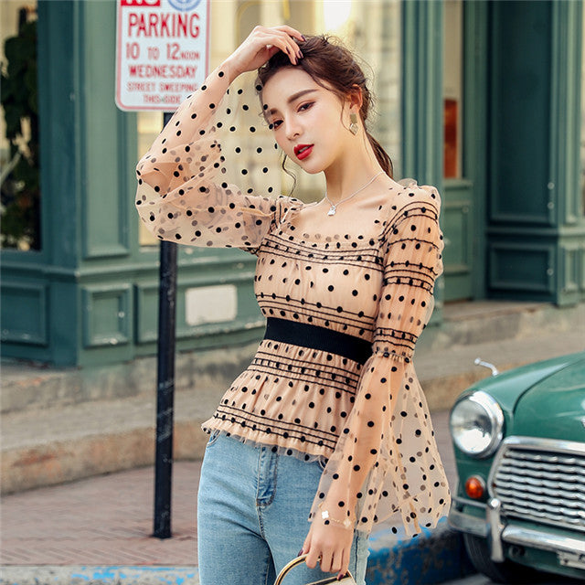 CM-TF010410 Women Lovely Seoul Style Square Collar Dots Gauze Flare Sleeve Blouse