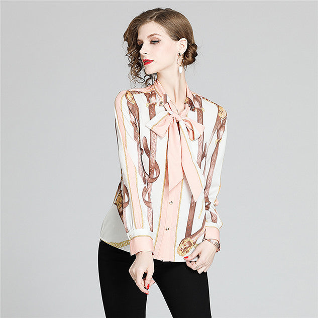 CM-TF010514 Women Casual European Style Tie Bowknot Collar Stripes Blouse - Pink