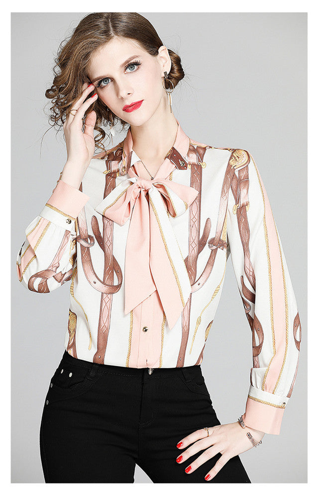CM-TF010514 Women Casual European Style Tie Bowknot Collar Stripes Blouse - Pink