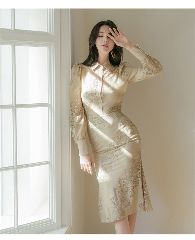 CM-SF010519 Women Retro Seoul Style Shirt Collar High Waist Fishtail Lace Dress Set