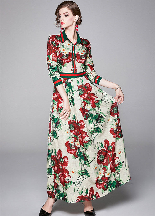 CM-DF010601 Women Retro European Style Shirt Collar Floral High Waist Long Dress