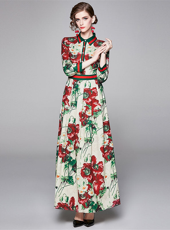 CM-DF010601 Women Retro European Style Shirt Collar Floral High Waist Long Dress