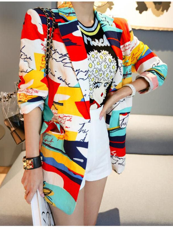 CM-CF010721 Women Trendy Street Style Tailored Collar Long Sleeve Printings Jacket