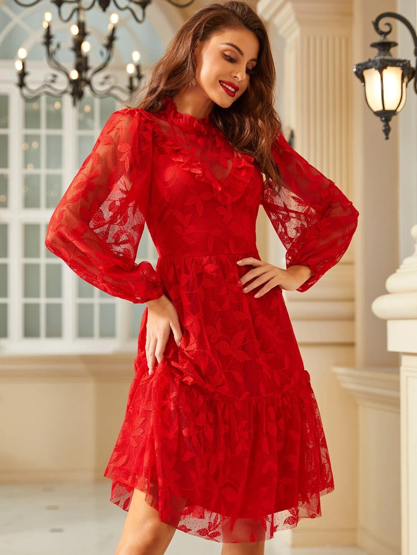 CM-DS620331 Women Elegant Seoul Style Lantern Sleeve Ruffle Hem Mesh Overlay Dress - Red