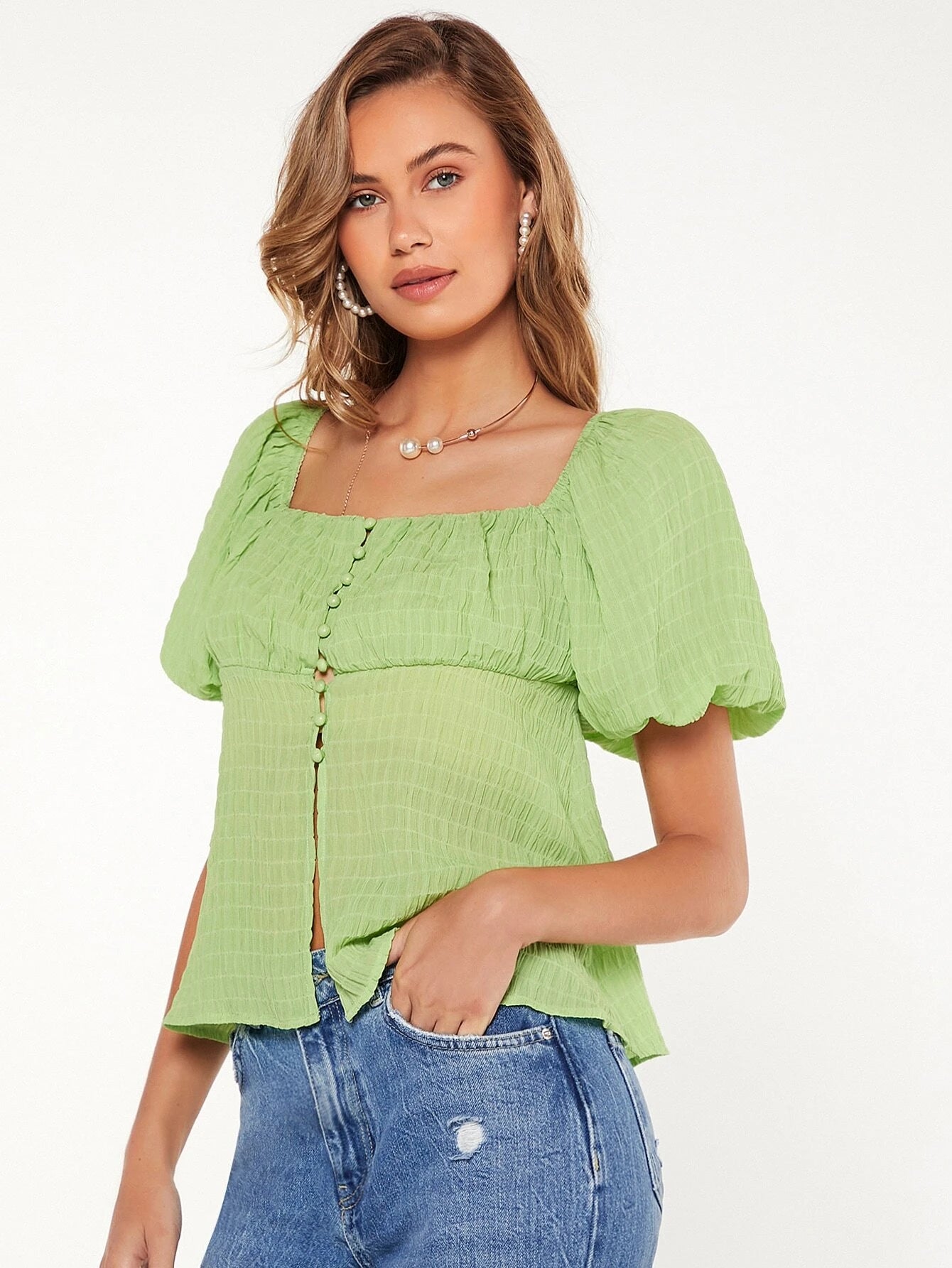 CM-TS707176 Women Casual Trendy Bohemian Style Ruched Bust Puff Sleeve Blouse - Lime Green
