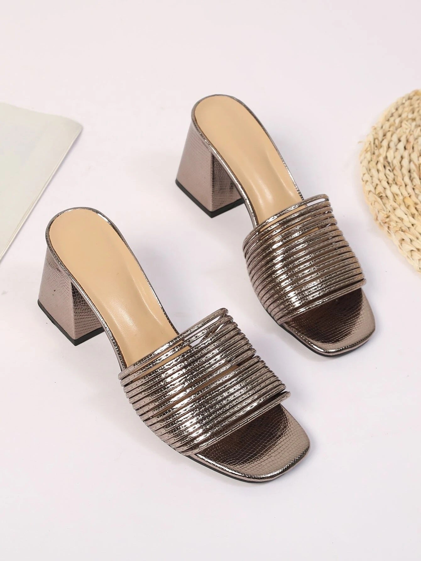CM-SHS279472 Women Trendy Seoul Style Metallic Chunky Heeled Mule Sandals - Bronze