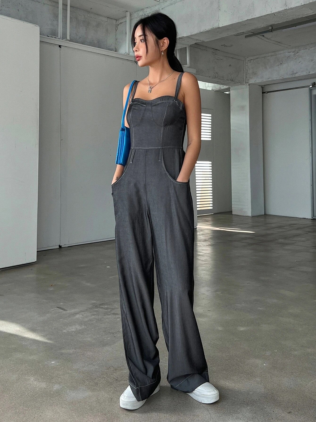 CM-JS020685 Women Casual Seoul Style Solid Slant Pocket Zip Back Cami Jumpsuit - Dark Gray