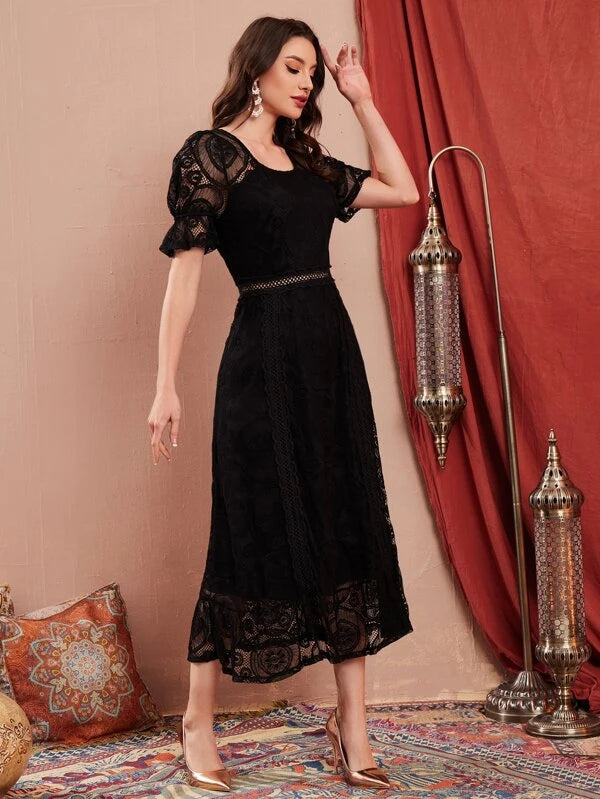 CM-DS851675 Women Elegant Seoul Style Flounce Sleeve Ruffle Hem Lace Dress - Black