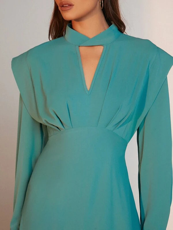 CM-DS050027 Women Elegant Seoul Style Keyhole Neckline Padded Shoulder Dress