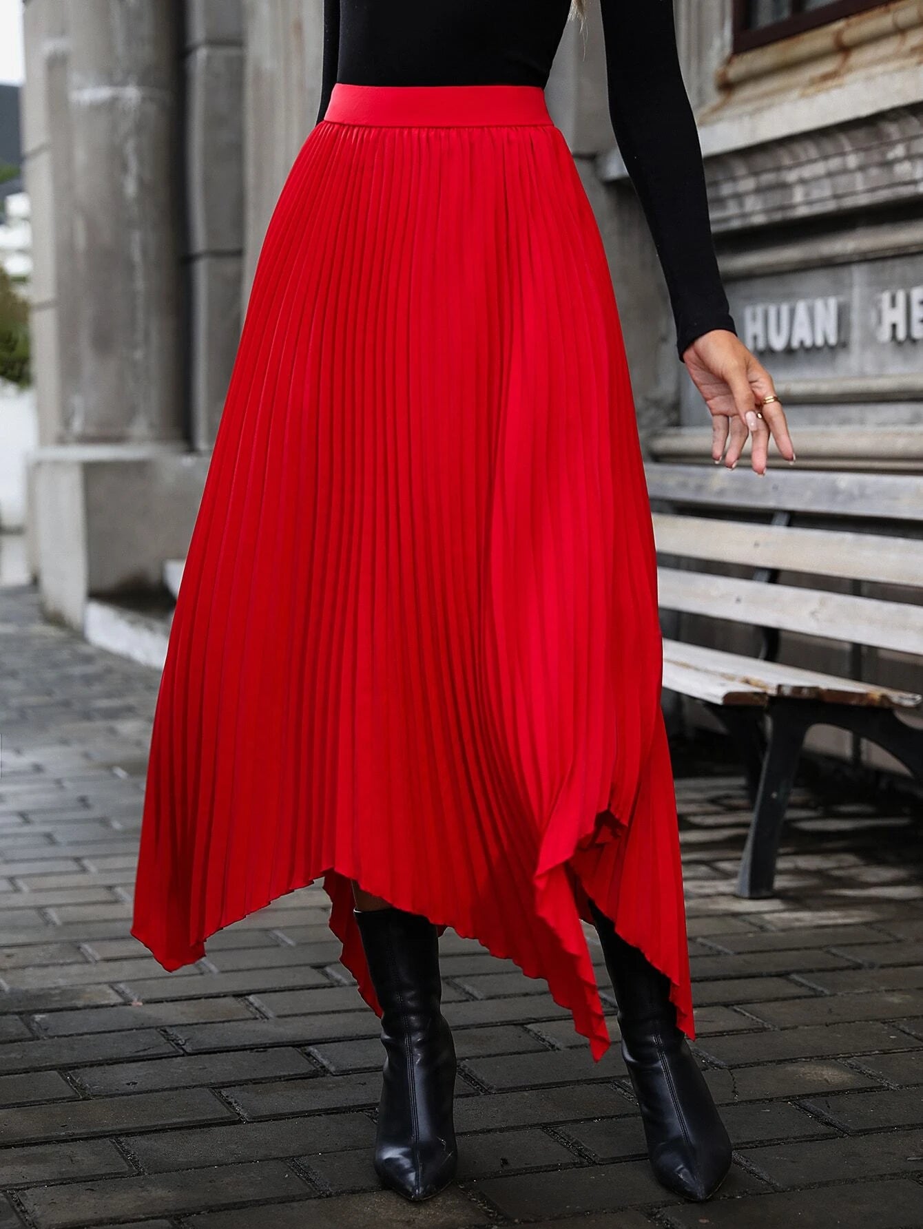 CM-BS461696 Women Elegant Seoul Style High Waist Hanky Hem Pleated Skirt - Red