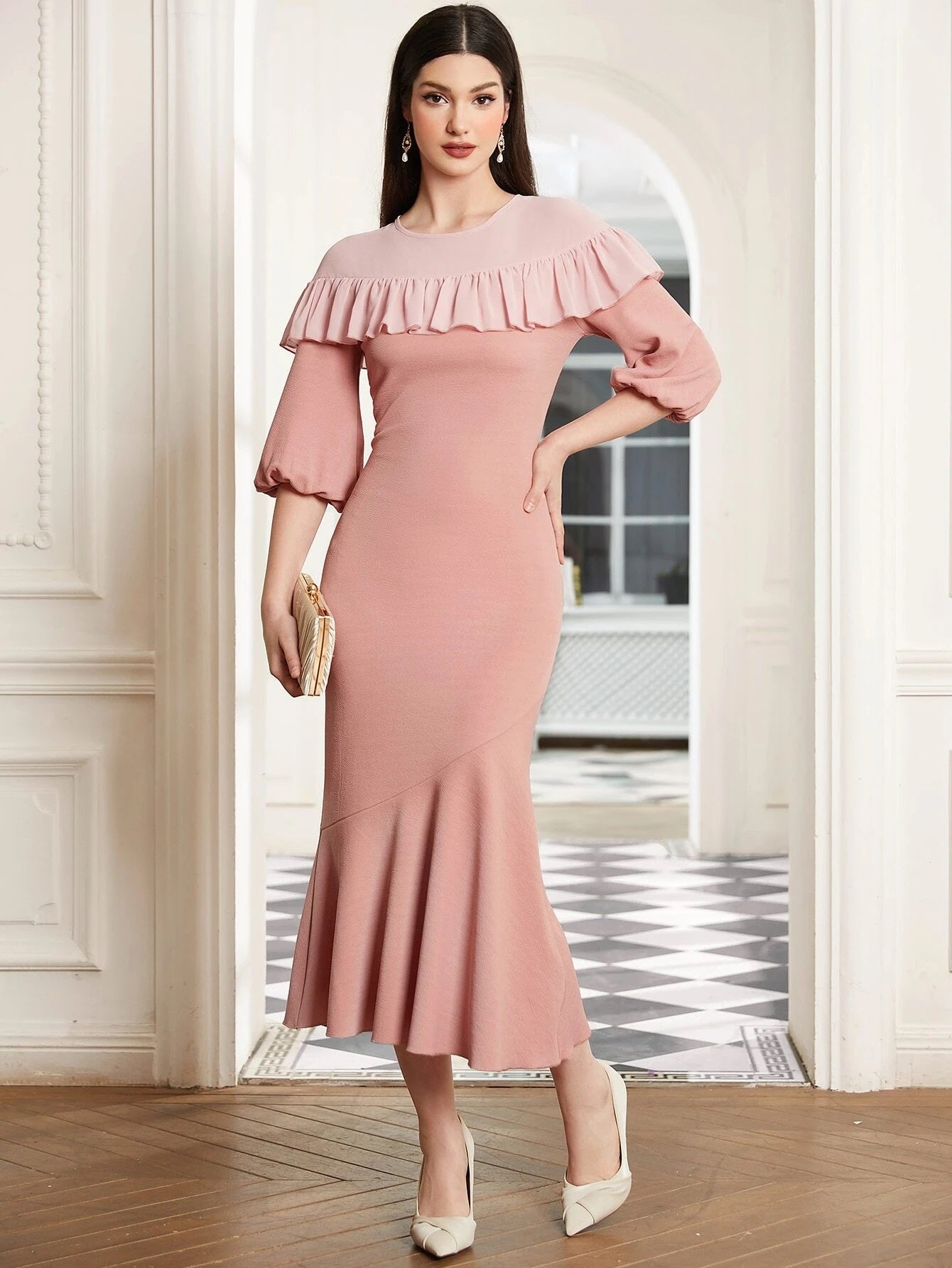 CM-DS247020 Women Elegant Seoul Style Ruffle Trim Lantern Sleeve Mermaid Hem Dress