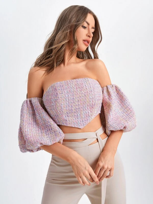 CM-TS649327 Women Elegant Seoul Style Off Shoulder Lantern Sleeve Asymmetrical Hem Crop Top