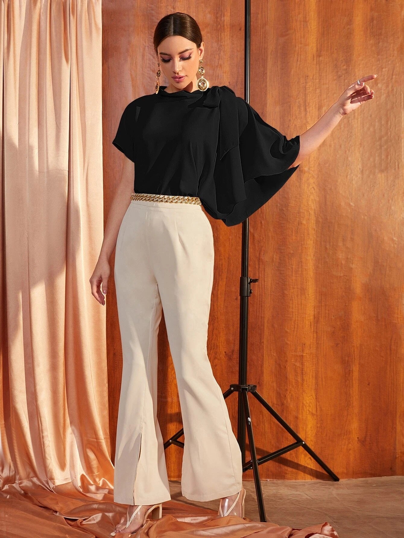 CM-TS505128 Women Elegant Seoul Style Knot Shoulder Asymmetrical Batwing Sleeve Top
