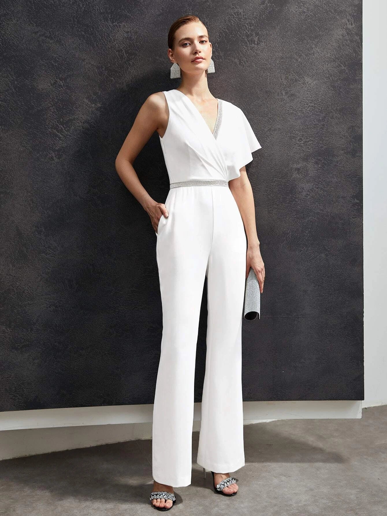 CM-JS651109 Women Elegant Seoul Style Glitter Tape Asymmetrical Jumpsuit - White