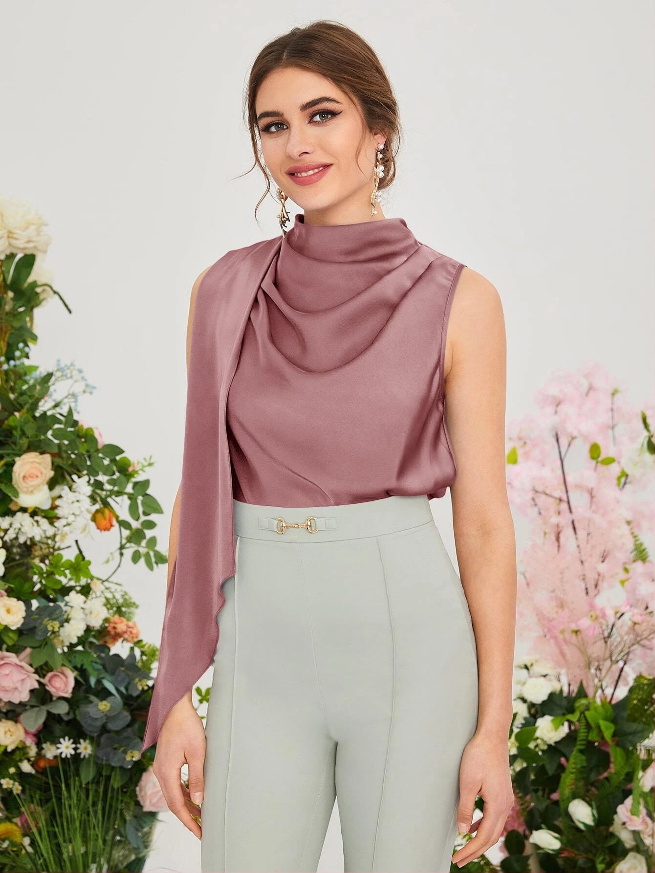 CM-TS198509 Women Casual Seoul Style Sleeveless Draped Keyhole Back Blouse - Dusty Pink