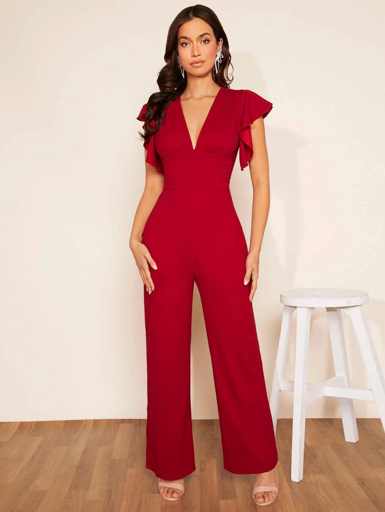 CM-JS125440 Women Elegant Seoul Style Plunging Neck Butterfly Sleeve Jumpsuit - Burgundy