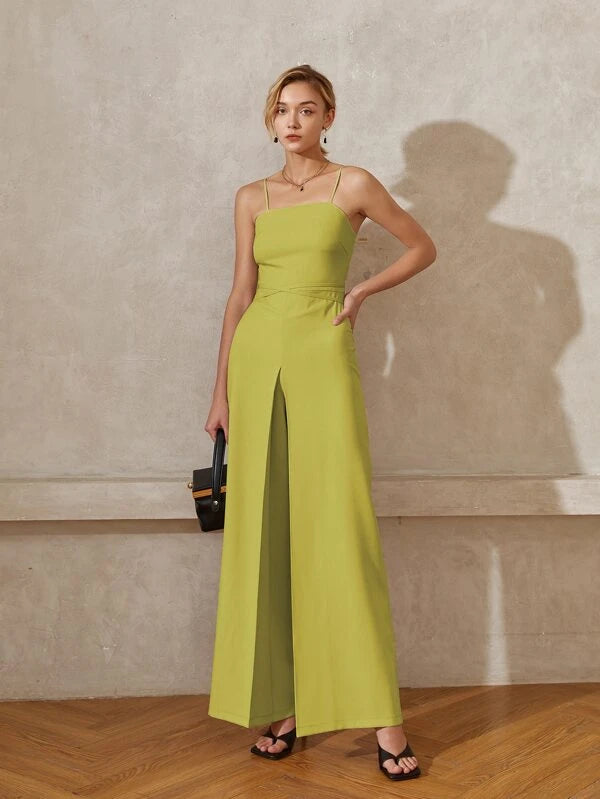 CM-JS683683 Women Elegant Seoul Style Solid Wide Leg Cami Jumpsuit - Olive Green