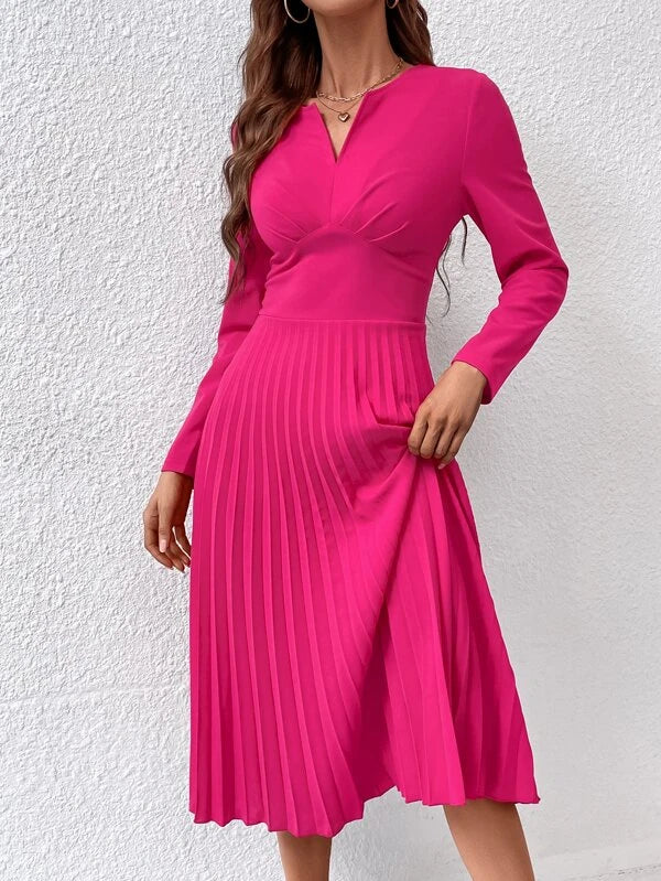 CM-DS121286 Women Elegant Seoul Style Sleeveless Notched Neckline Pleated Hem Dress