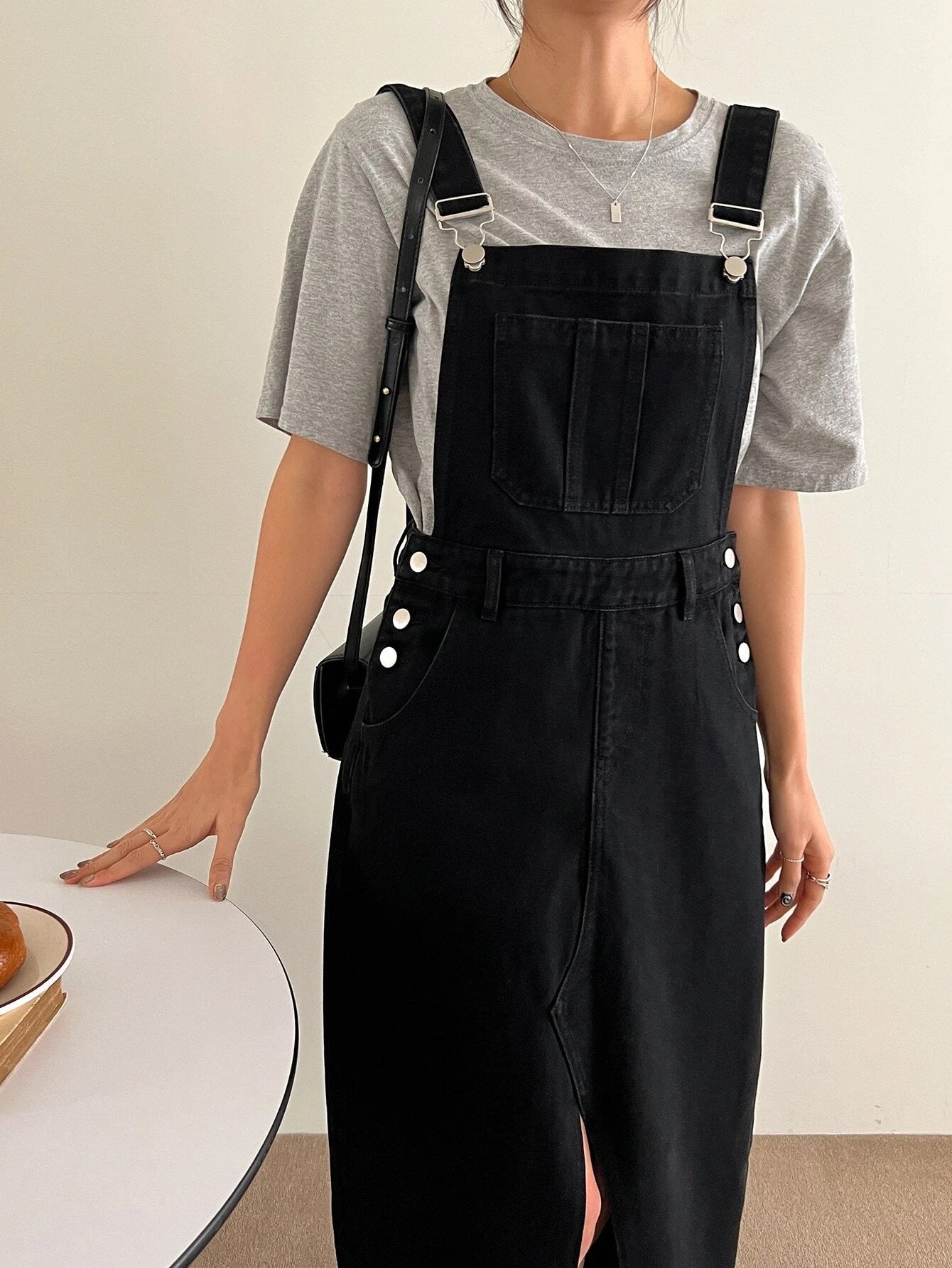 CM-DS100011 Women Preppy Seoul Style Slant Pocket Split Hem Overall Dress - Black