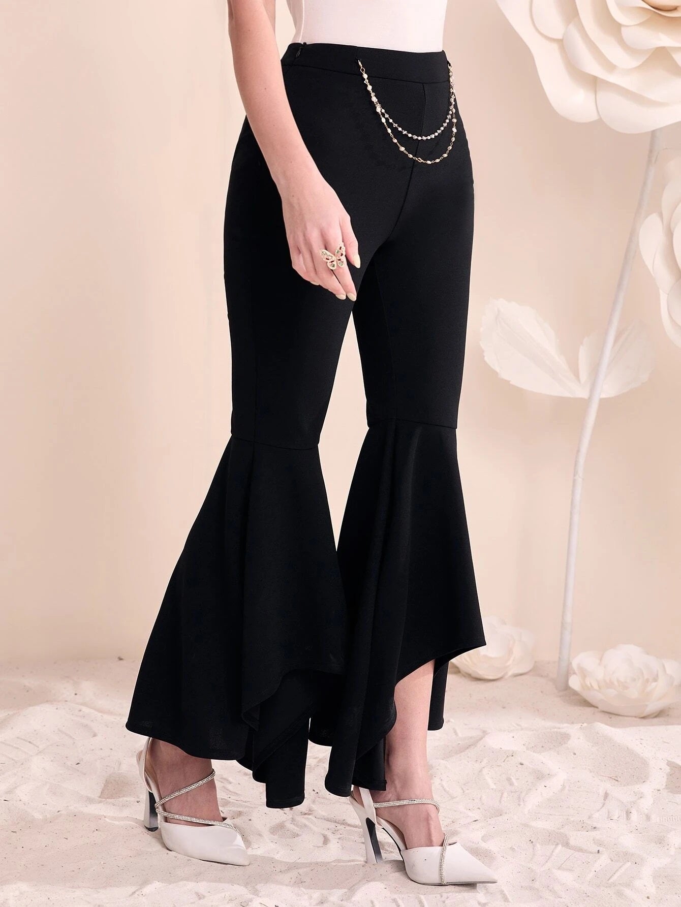 CM-BS138331 Women Elegant Seoul Style High Waist Chain Detail Flare Leg Pants - Black