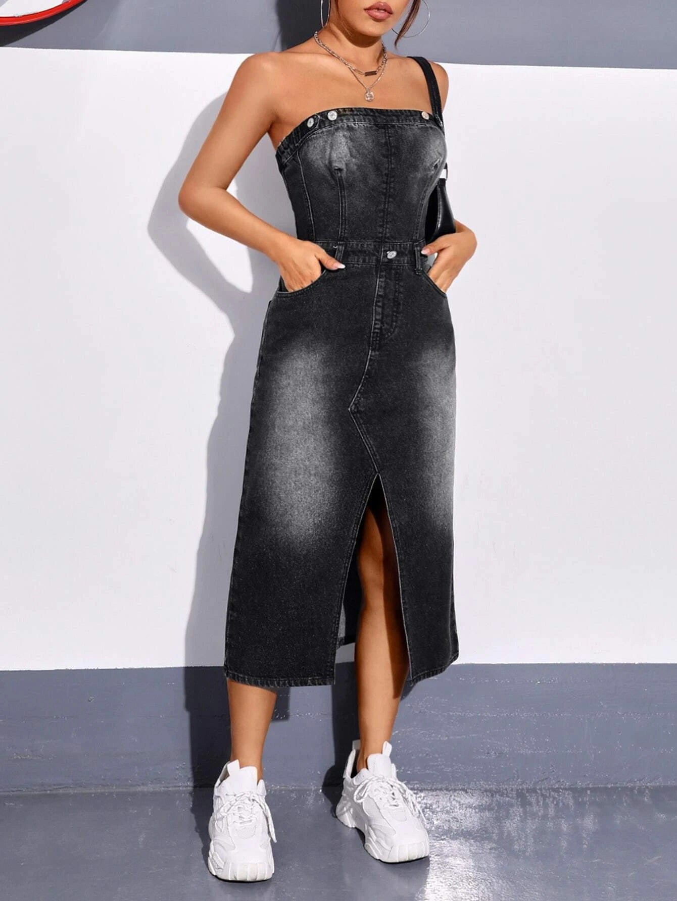 CM-DS690072 Women Preppy Seoul Style Split Thigh Pocket Patched Tube Denim Dress - Black