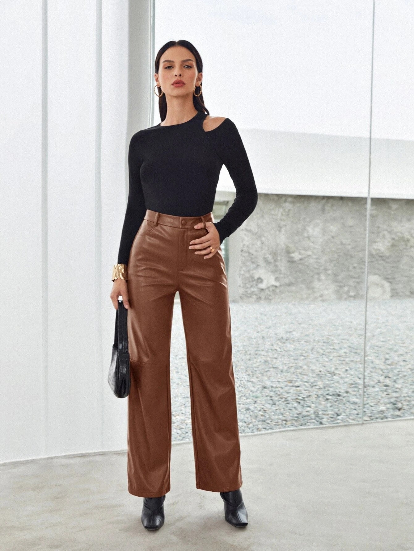 CM-BS208128 Women Elegant Seoul Style Zipper Fly Palazzo PU Pants - Brown