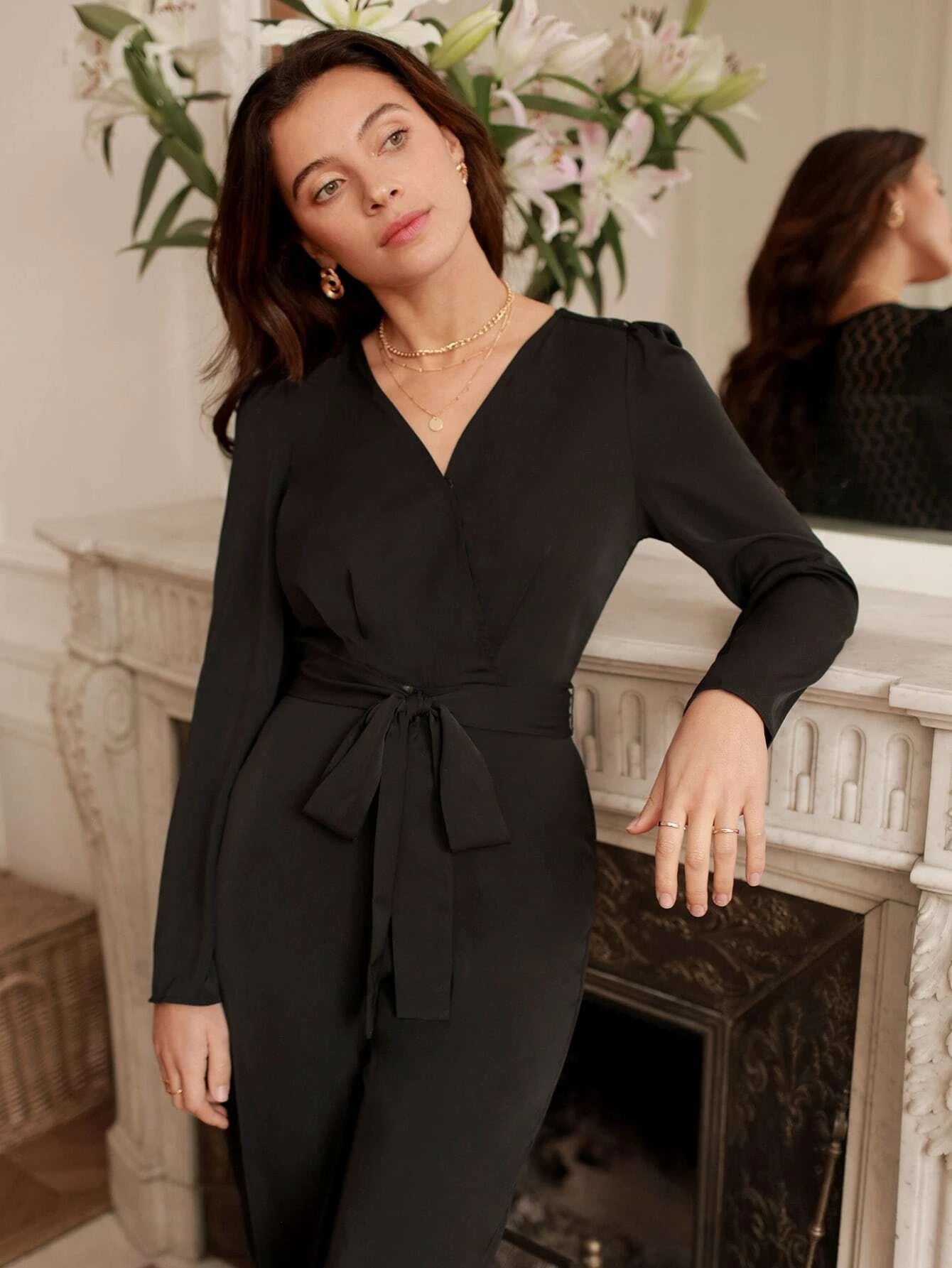 CM-JS284412 Women Elegant Seoul Style Long Sleeve Lace Insert V-Neck Jumpsuit - Black