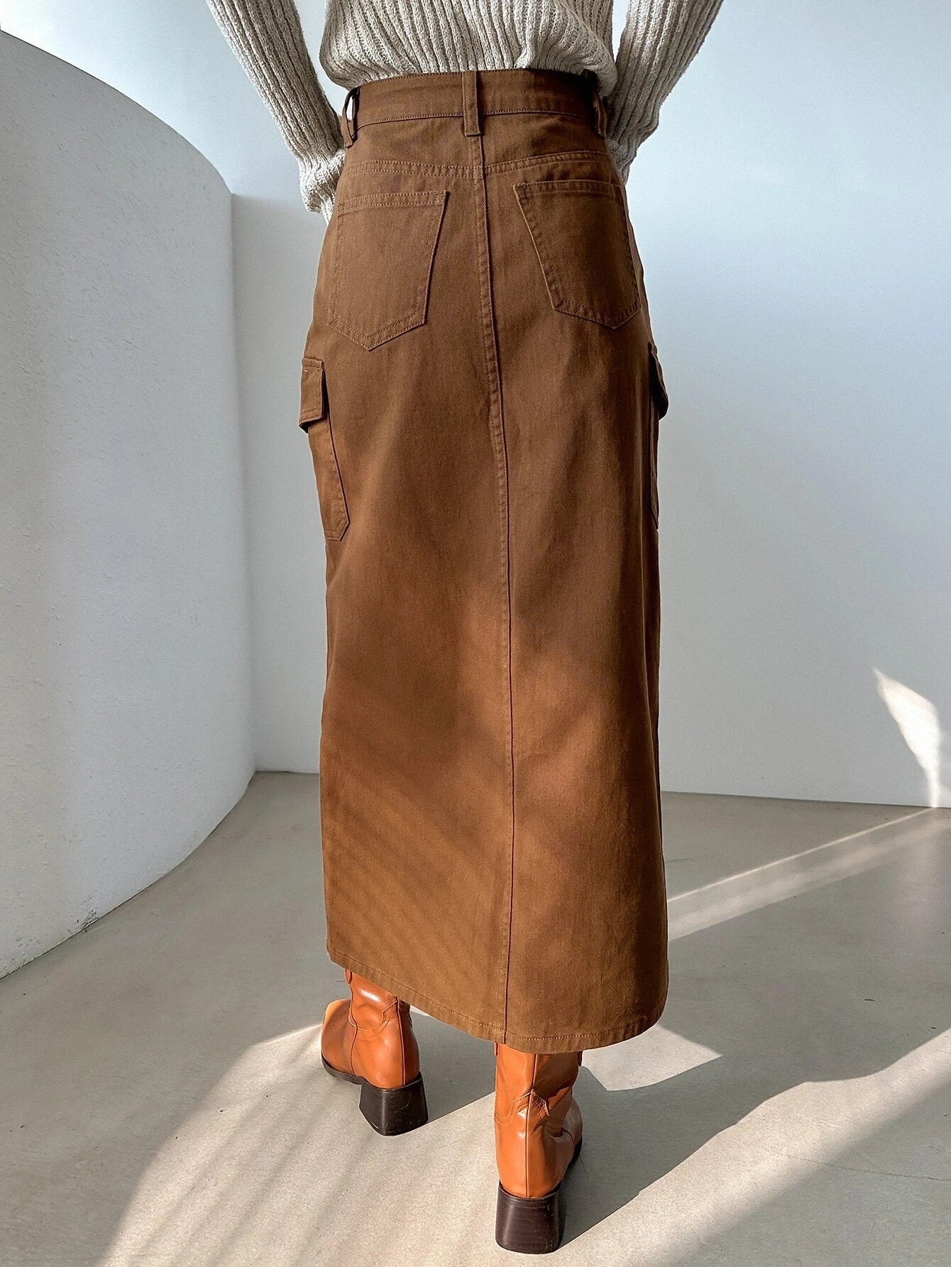 CM-BS080390 Women Casual Seoul Style High Waist Split Thigh Denim Skirt - Coffee Brown