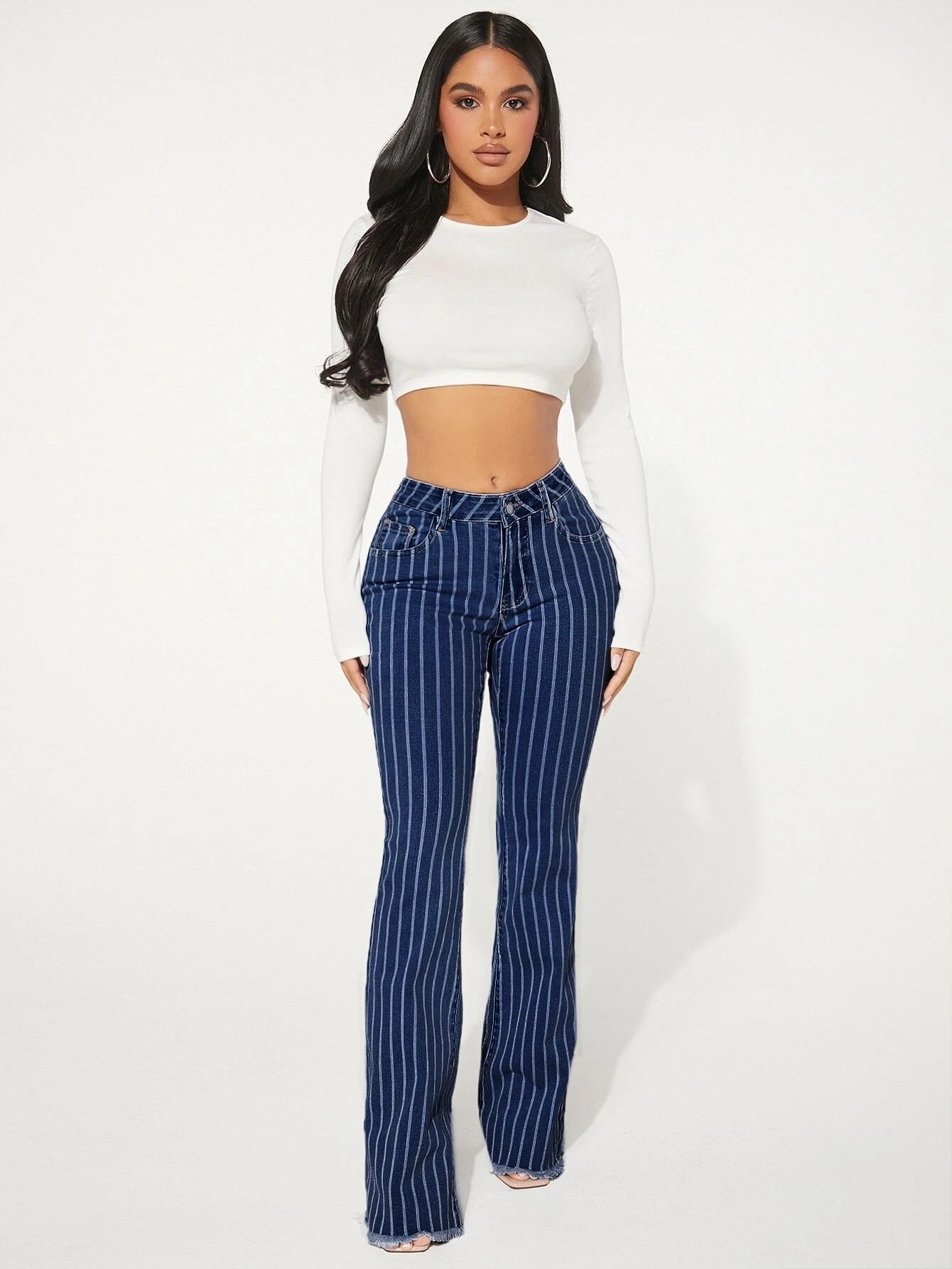 CM-BS332260 Women Preppy Seoul Style Dark Wash Drop Waist Striped Pattern Flare Leg Jeans