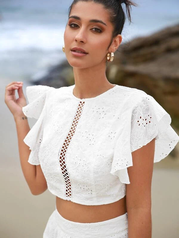 CM-SS166285 Women Trendy Bohemian Style Eyelet Embroidery Hollow Out Crop Top With Skirt - Set