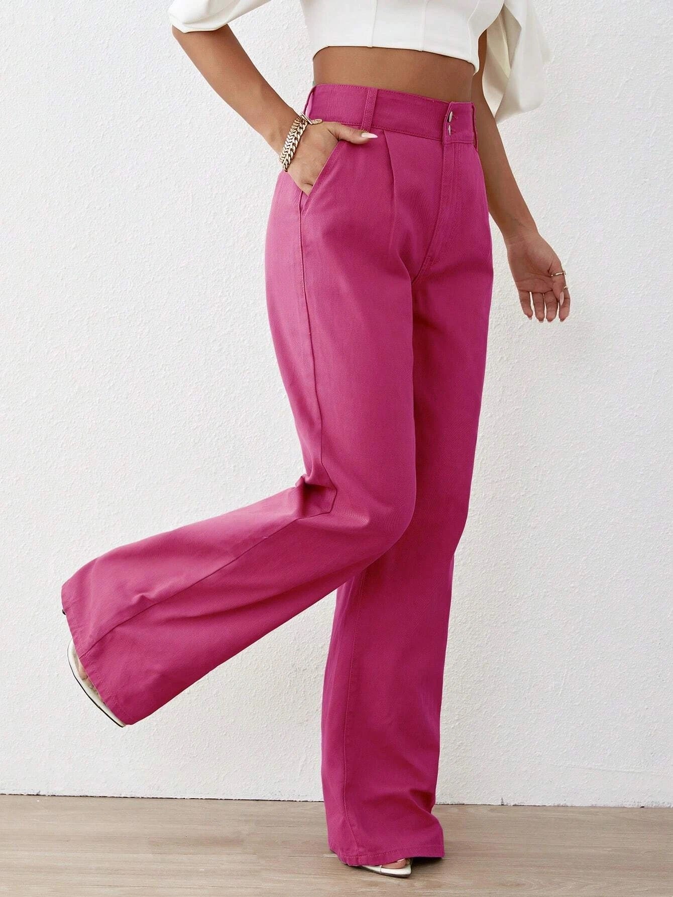 CM-BS959569 Women Preppy Seoul Style Solid High Waist Wide Leg Jeans - Hot Pink
