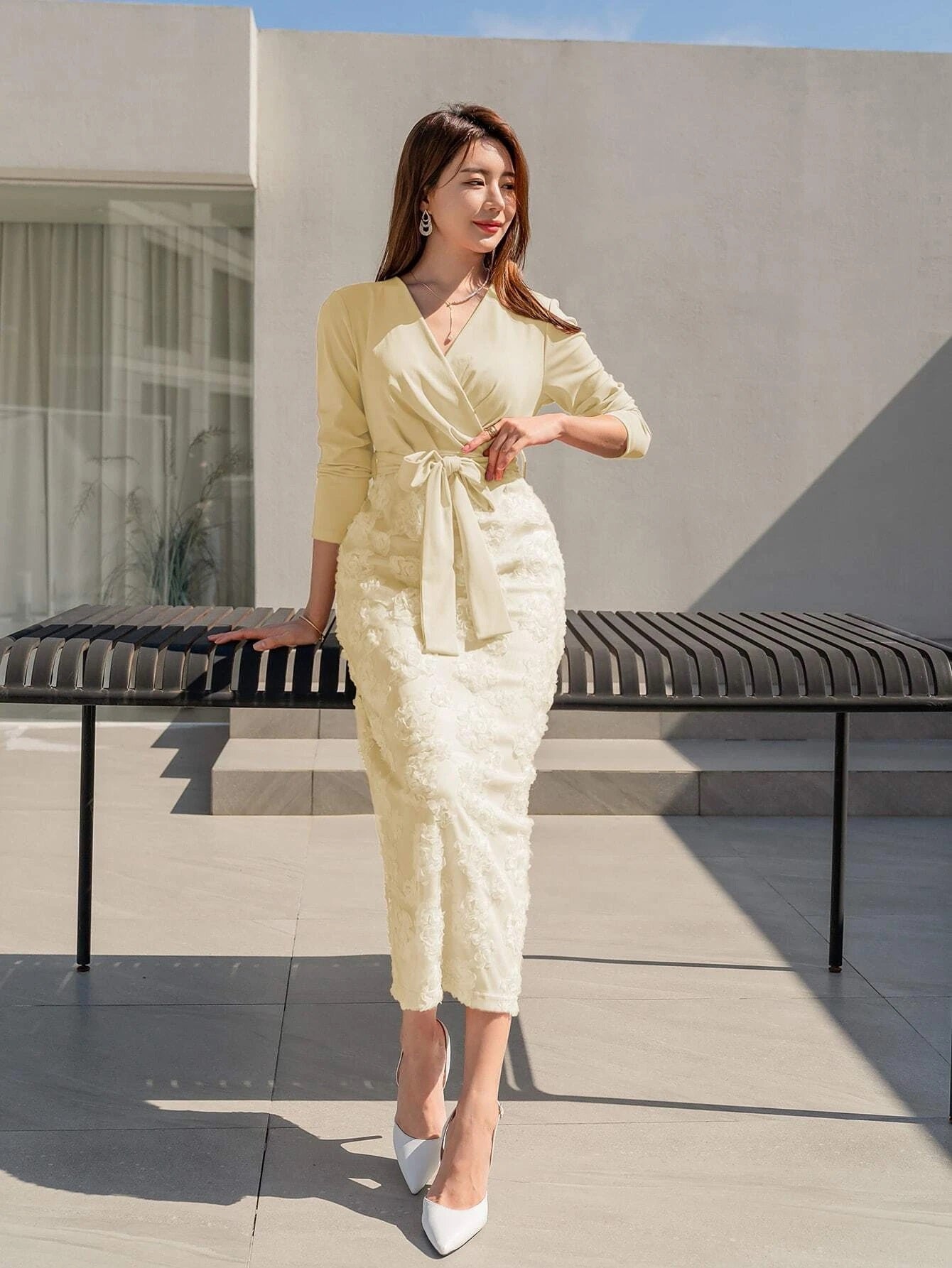 CM-DS618786 Women Elegant Seoul Style Floral Jacquard Split Back Belted Dress - Apricot