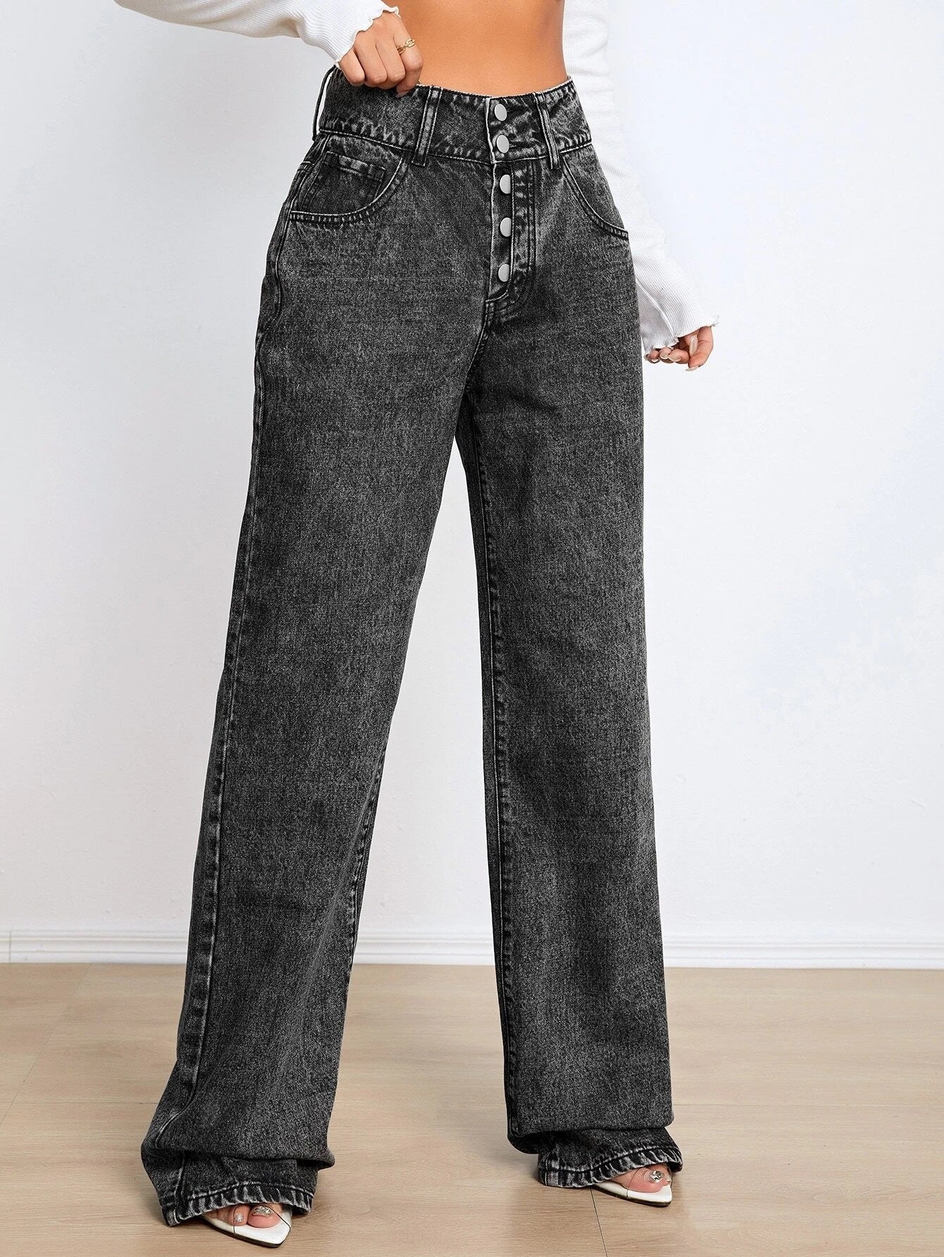 CM-BS607517 Women Preppy Seoul Style High Waist Button Fly Straight Leg Jeans